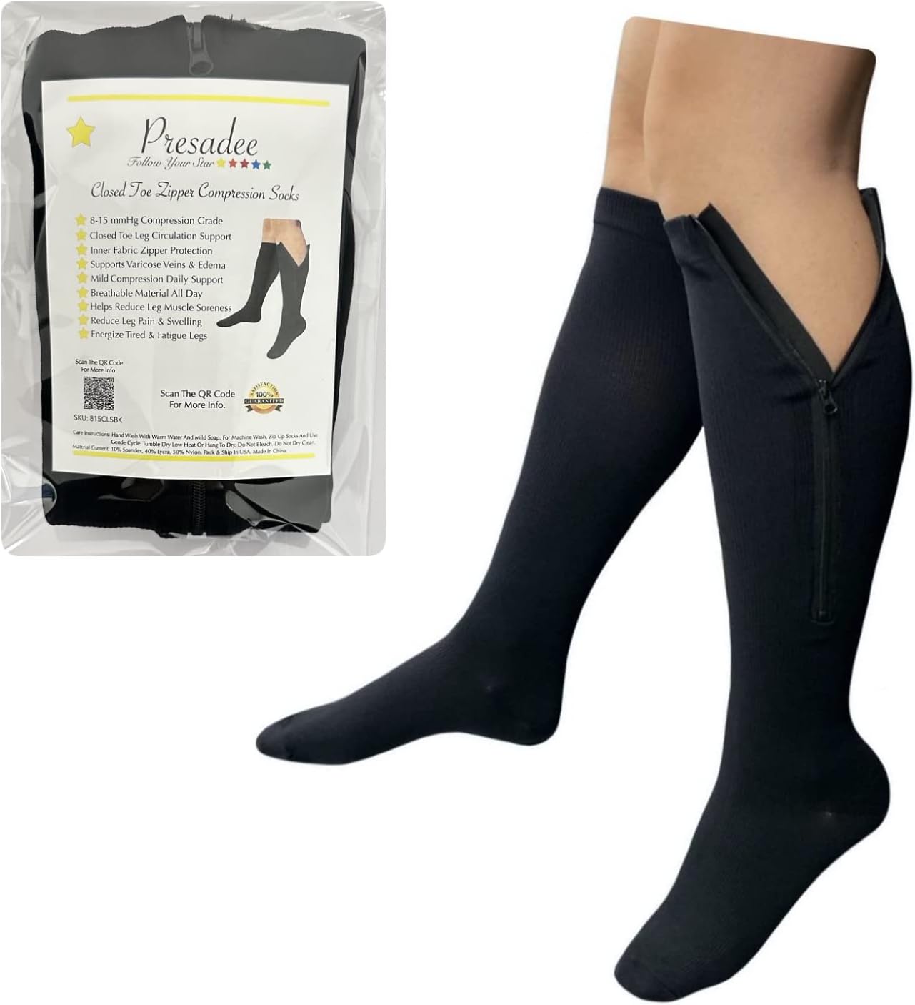 Presadee Closed Toe 8-15 mmHg Mild Compression Leg Fatigue Calf Zipper Socks