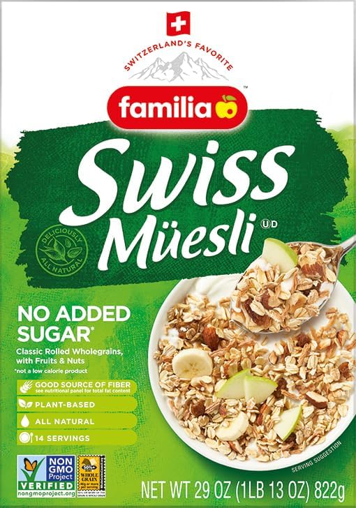 Familia Swiss Muesli Cereal, 0g Added Sugar, Energy-Packed Cereal with Raisins, Hazelnuts and Almonds, 12 Ounce Box (Pack of 12)