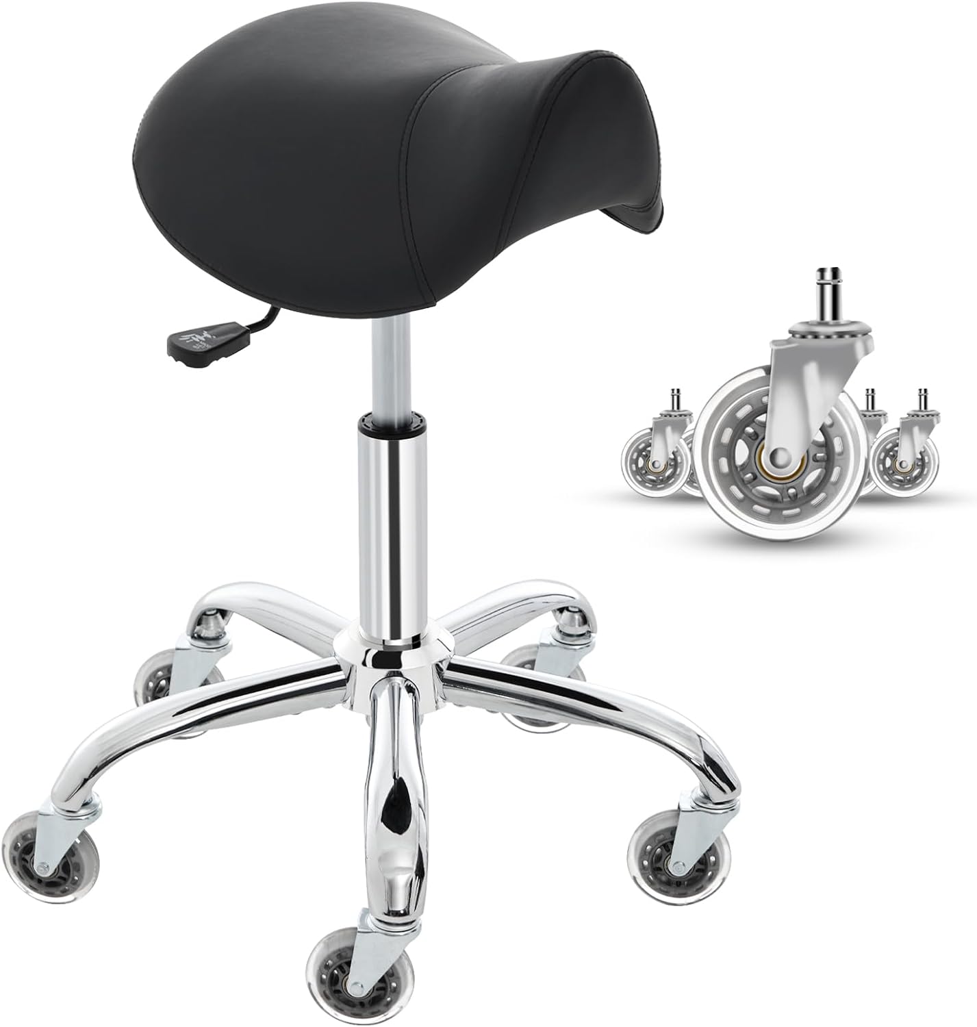 E-Motie Saddle Stool, Ergonomic Saddle Chair with Wheels 450 LBS, Adjustable Height Swivel Salon Stool, Rolling Stool for Home Office Tattoo Massage Clinic Lab Beauty (Black)