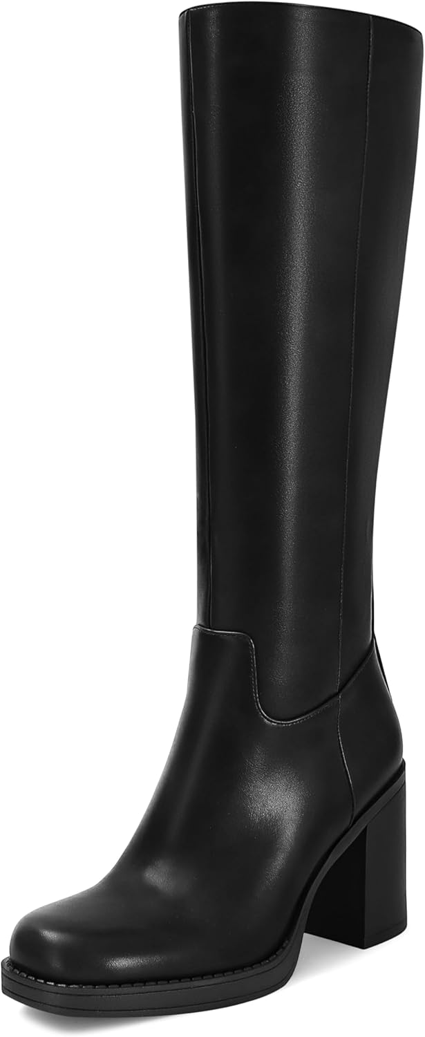 Knee High Boots for Women Chunky High Heel Round Square Toe Elastic Winter Fashion Long Tall Side Zipper Boots