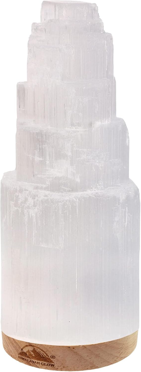 Himalayan Glow WBM Selenite Crystal Lamp 20cm, Moroccan Skyscraper Lamp, Crystals and Healing Stones for Healing and Meditation