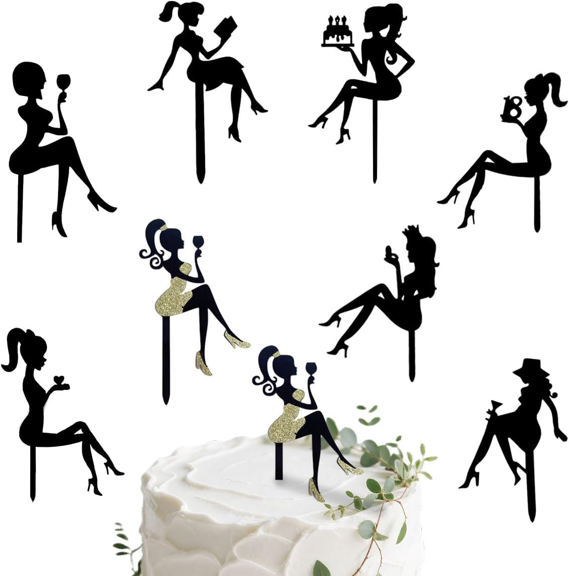 8 PCS Lady Silhouette Cake Toppers, Acrylic Minimalist Art Birthday Cake Topper, Elegant High Heels Girl, for Wedding,18th Party Decorations
