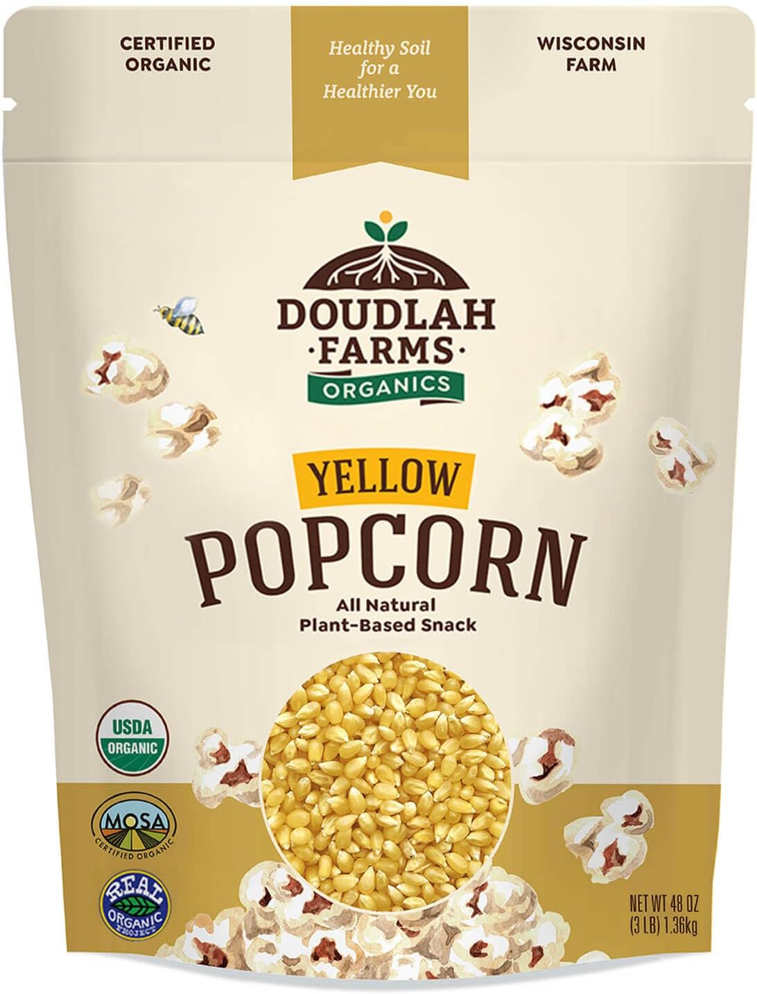 Organic Yellow Popcorn Kernels Unpopped 3 lb - Healthy, Non-GMO, Gluten-Free, Pesticide-Free, Chemical-Free, Glyphosate-Free, Grown in Regenerative Soil in Wisconsin USA by Doudlah Farms