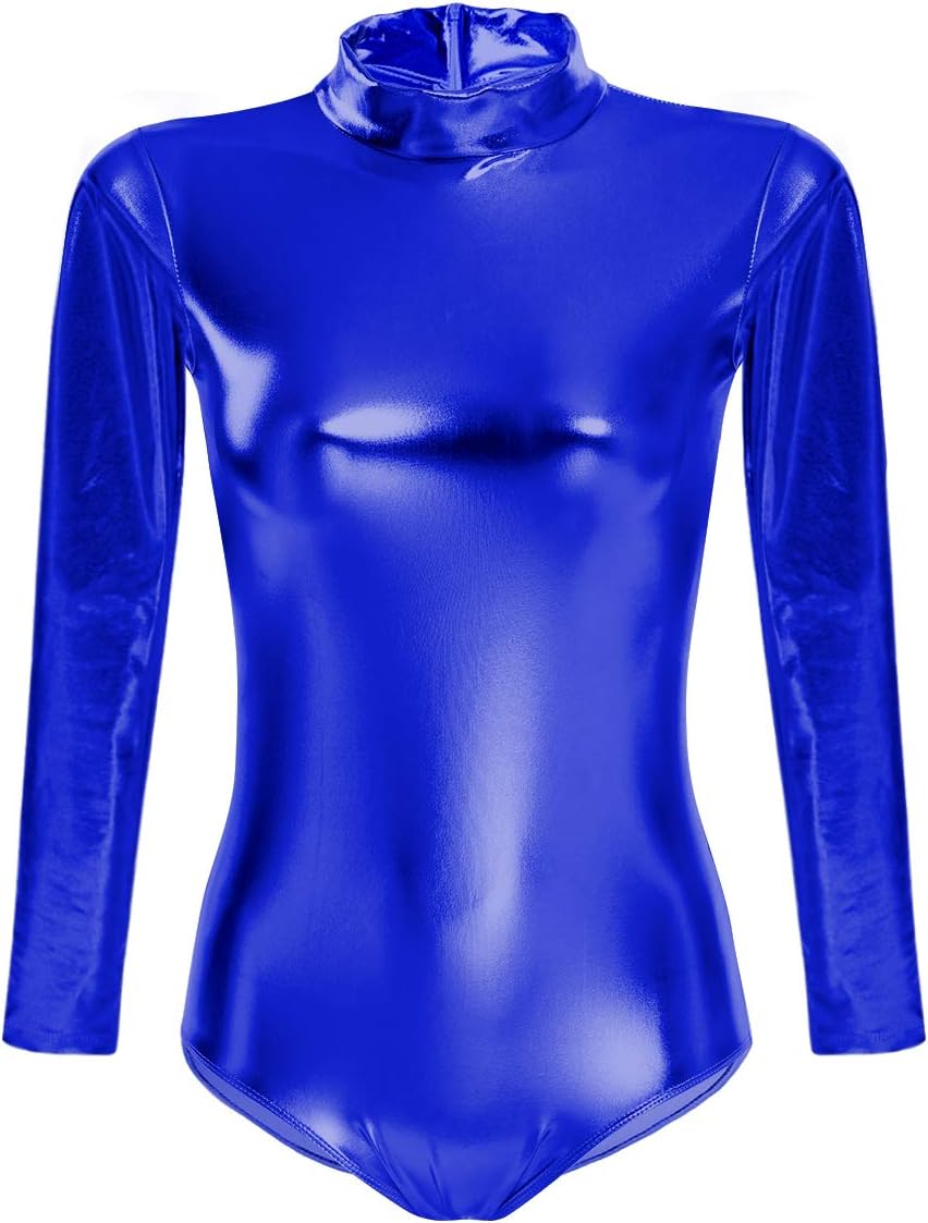 ODIZLI Women Shiny Metallic Long Sleeve Leotard Mock Turtleneck One Piece Bodysuit for Gymnastics Ballet Dance