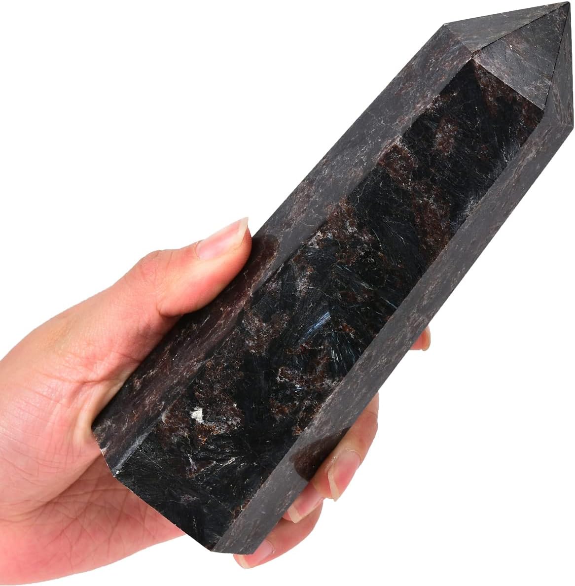 Large Astrophyllite Quartz Healing Crystal Tower Black Firework Stone Obelisk 6 Faceted Single Point Wand Reiki Chakra Meditation Therapy 1.5-2.0 LBS