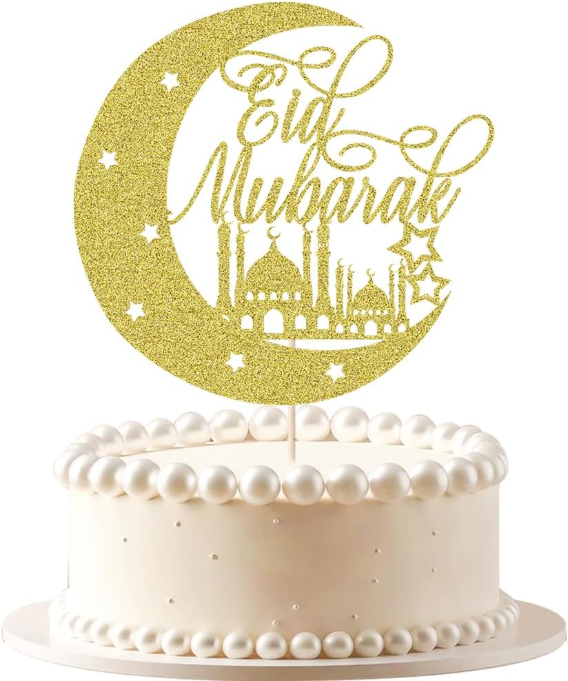 Eid Mubarak Cake Topper Gold Glitter Moon Star Mosque Design Ramadan Eid Party Decoration