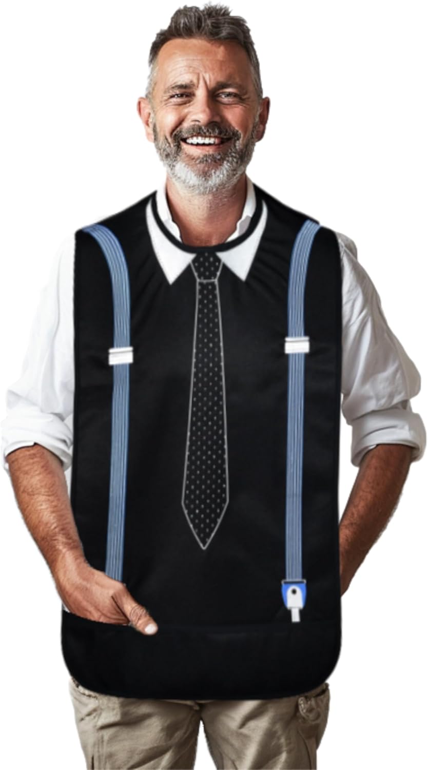 Modaliv Premium Adult Bib for Men Embroidered Clothing Protector with Crumb Catcher – Machine Washable, Adaptive Gift for Dad or Seniors – Adult Bib for Eating (Tie & Suspenders Design)