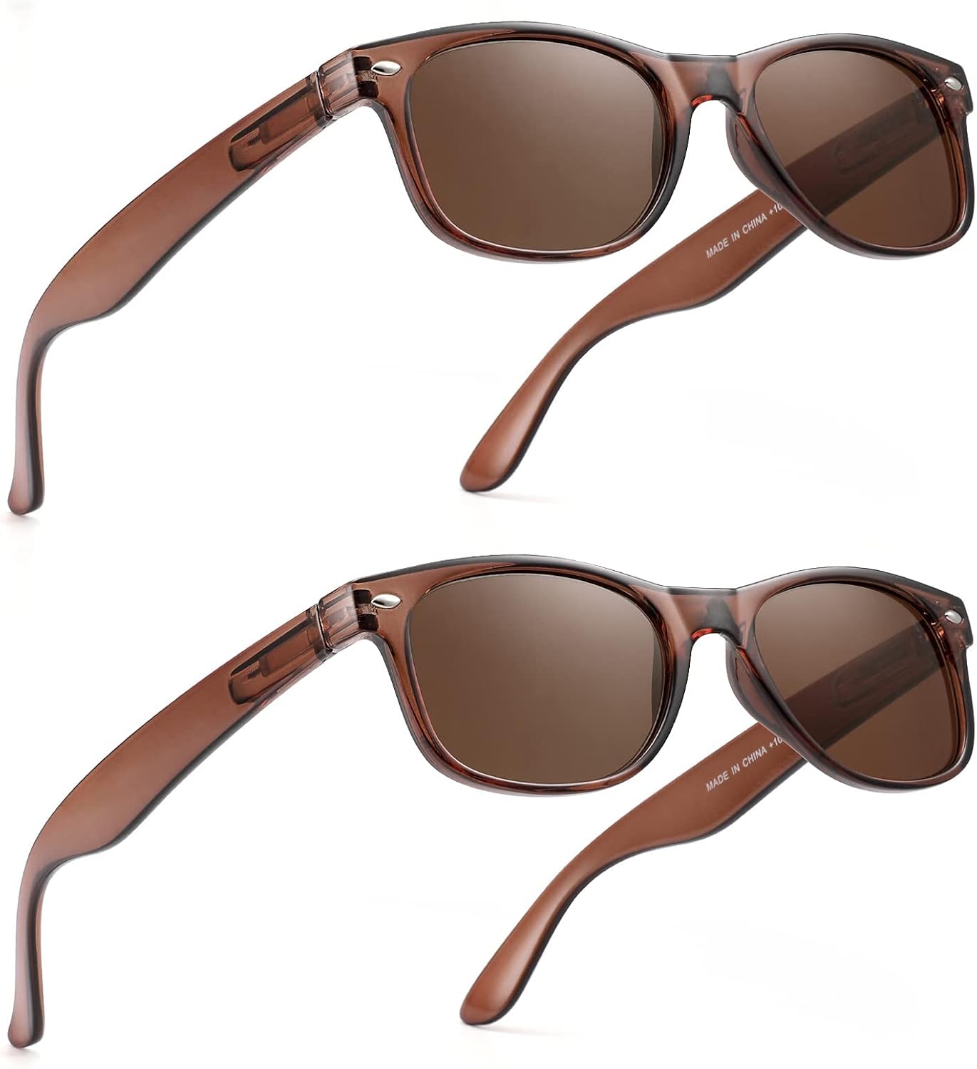 2 Pack Reader Sunglasses for Men Women Classic Rectangle Reading Glasses Outdoor Full Lenses Magnifying Eyewear UV Protection Bright Brown +1.0