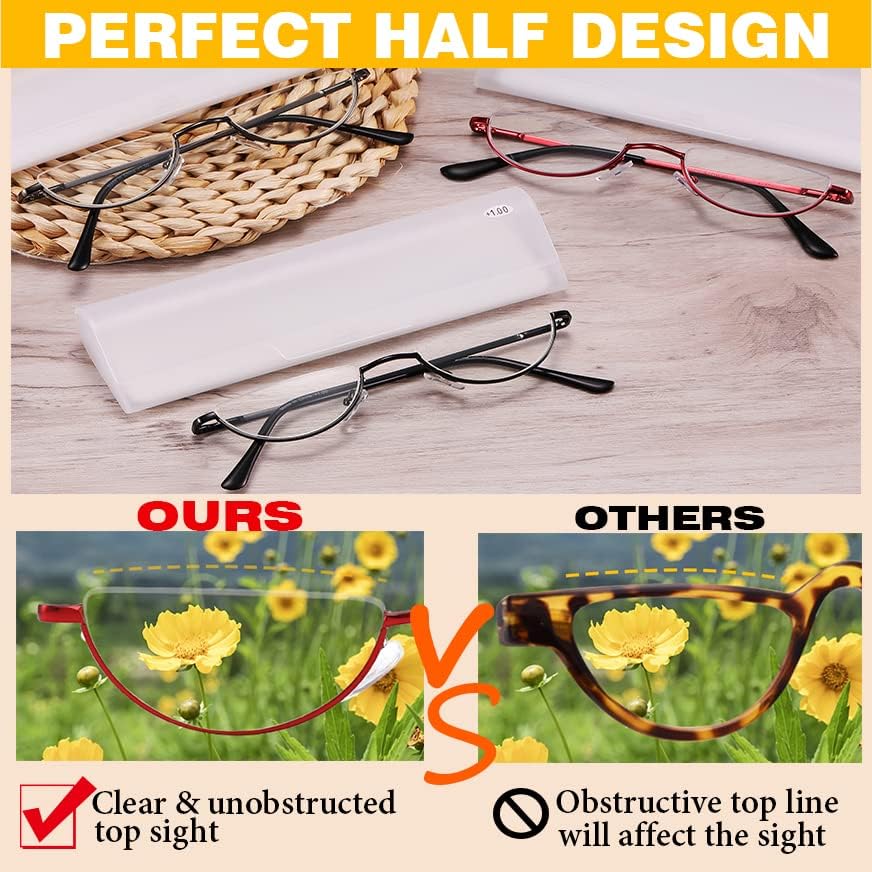 Half Moon Reading Glasses Anti Blue Light UV, Half Frame Semi Lens Slim Spring Hinge Readers with Case for Men Women