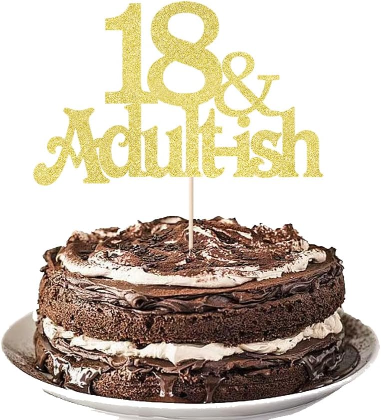 Golden Glitter 18 and Adultish Cake Topper for Eighteen Birthday Party, Time To Adult Cake Decorations, 18th Birthday Party Decorations for Girls Boys