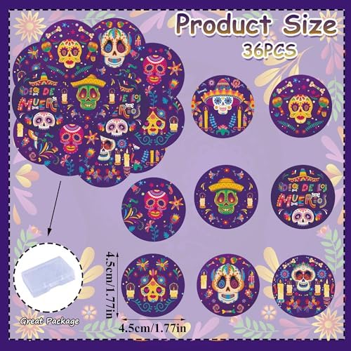 36PCS Edible Dia De Los Muertos Cupcake Toppers Wafer Paper Day of The Dead Cupcake Picks Skeleton Sugar Skul Cupcake Toppers for Mexican Fiesta Theme Party Decor Supplies (Skull)