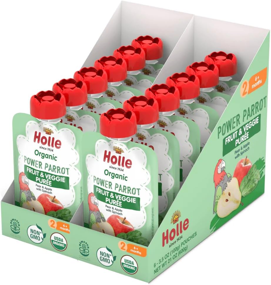 Holle Organic Power Parrot Fruit & Veggie Puree Pouches, Pear Apple Spinach, 12 Count (3.5 oz Pouches)