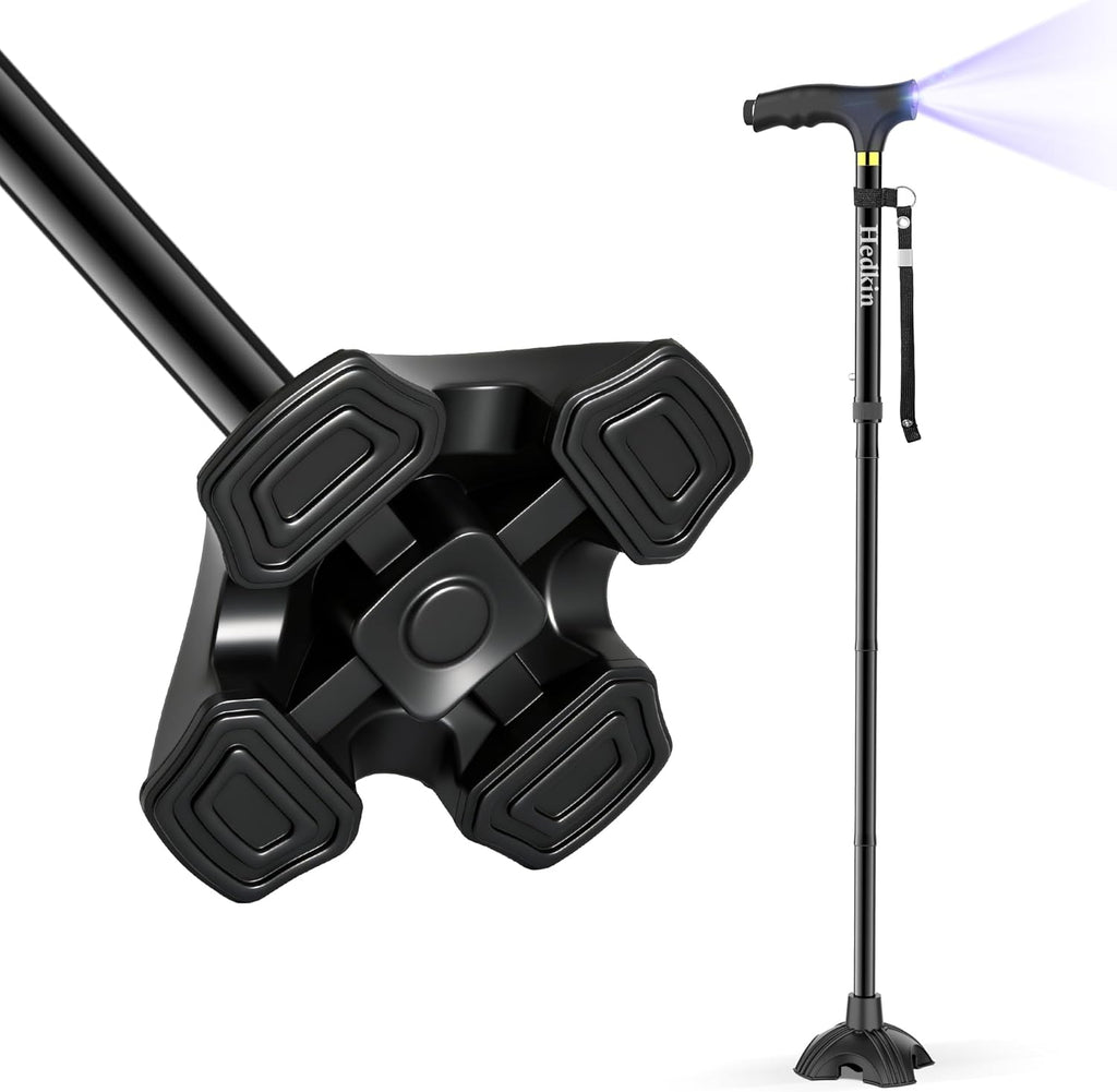 Walking Cane with LED Light, Foldable,Adjustable, Self Standing Walking Canes for Men & Women,Walking Sticks with Quad Base for Seniors & Adults