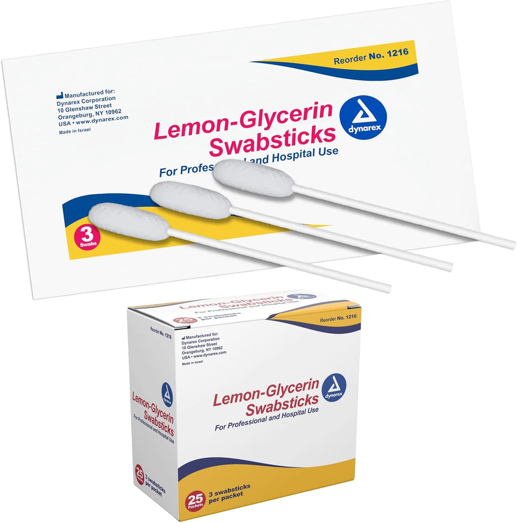 Dynarex Lemon-Glycerin Swabsticks, Pleasant Tasting Cotton Swabs that Gently Soothes and Refreshes Dry Mouth, 3 Oral Swabsticks per Packet, 1 Box of 75 Lemon-Glycerin Swabsticks