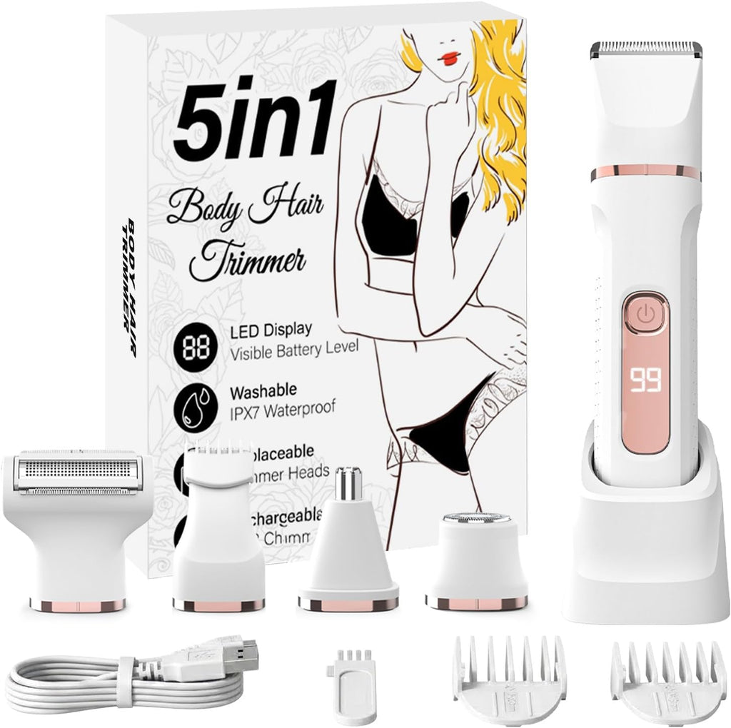 Bikini trimmer for Women,Electric Shaver for Women, IPX7 Waterproof Razor Shaver,Women's Electric Razor,Intimate Shaver for Women,with 5 Blades,USB-C Rechargeable,Recharge Dock（White)