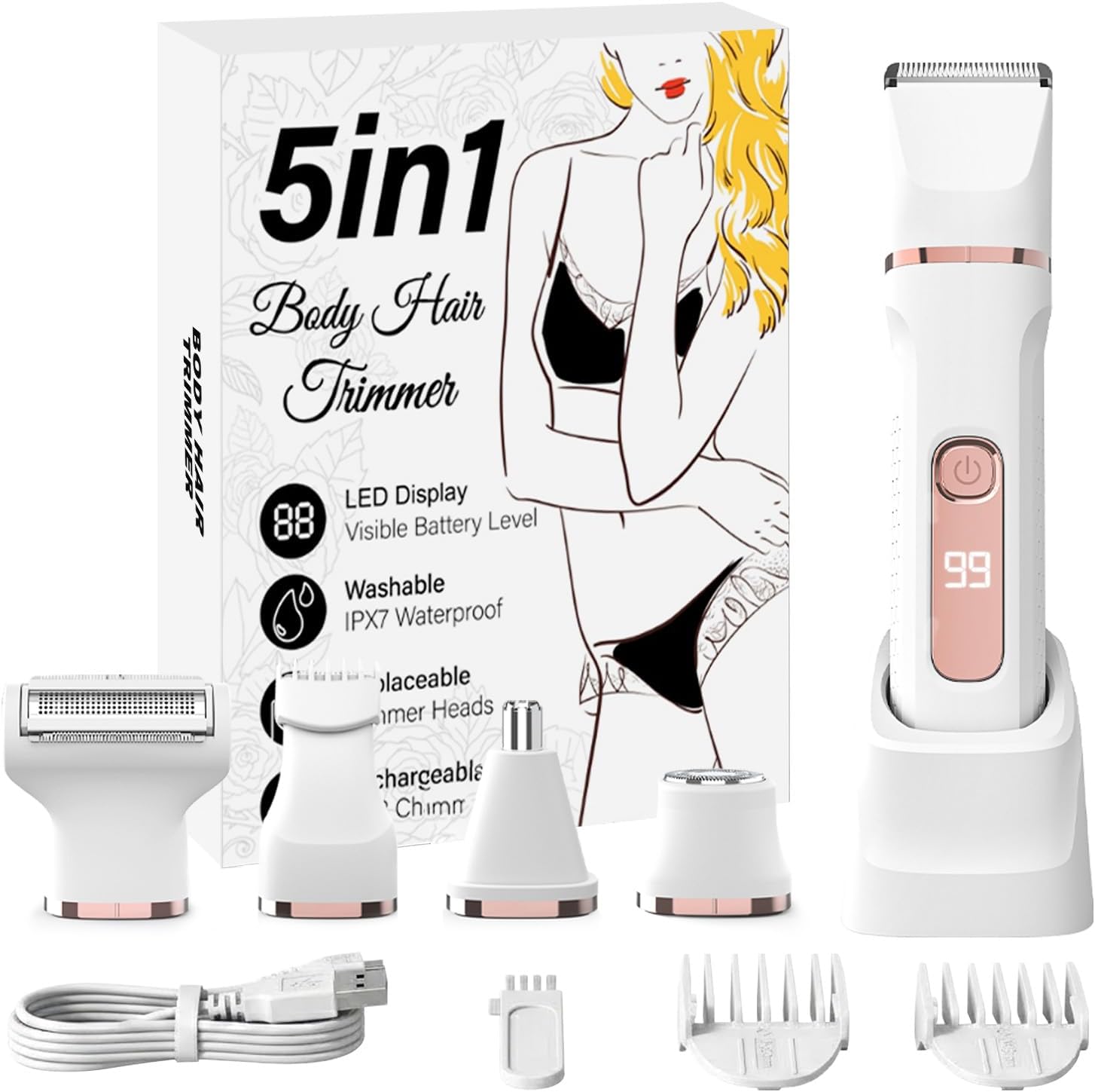 Bikini trimmer for Women,Electric Shaver for Women, IPX7 Waterproof Razor Shaver,Women's Electric Razor,Intimate Shaver for Women,with 5 Blades,USB-C Rechargeable,Recharge Dock（White)