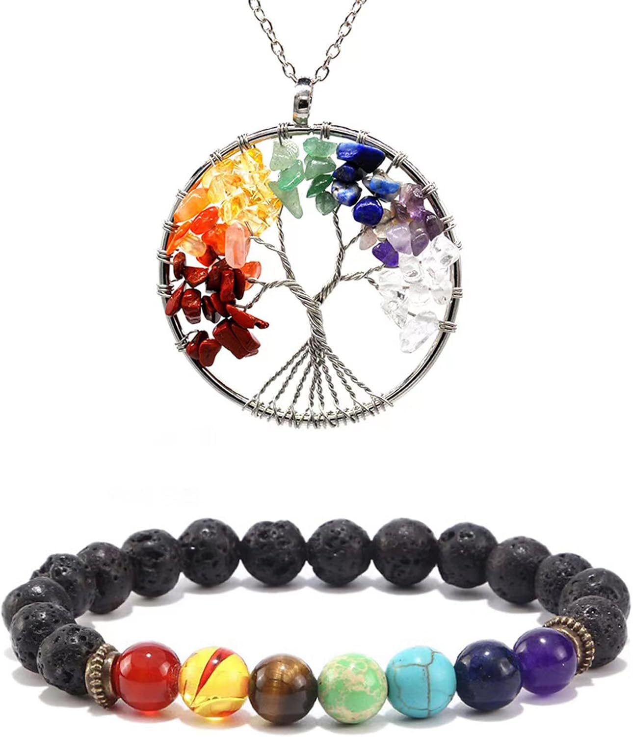 KMYA Healing Crystals Tree of Life Necklace, 7 Chakra Rainbow Jewelry Set, Anxiety Relief Bracelet, Crystal Stones for Chakra Repair