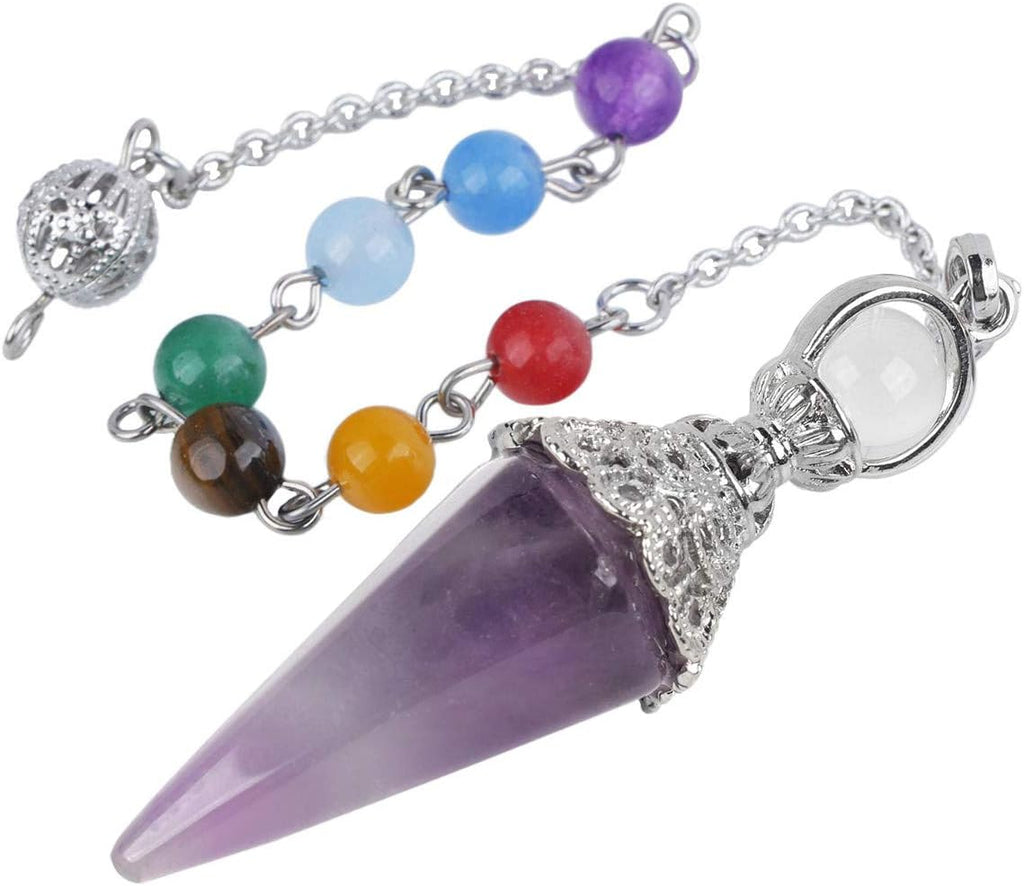 Rockcloud Natural Amethyst Crystal Pointed Pendulum with 7 Chakra Stone Beads Chain, 6 Facet Reiki Chakra Pendant for Divination Dowsing
