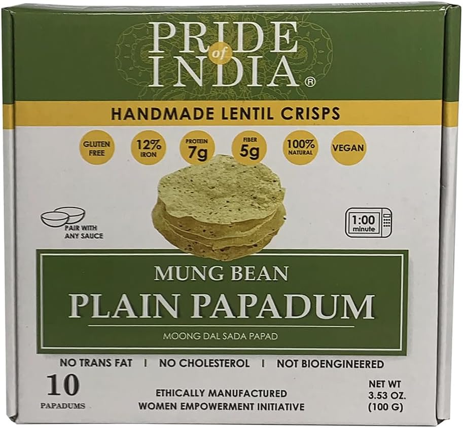 Pride of India Mung Bean Papadum – 10 Count, 3.53 oz | Crispy Lentil Chips with Light Crunchy Texture | Ready to Cook Indian Papad Snacks, Vegan Gluten Free Crackers for Dips, Curry, Appetizer and Everyday Snacking