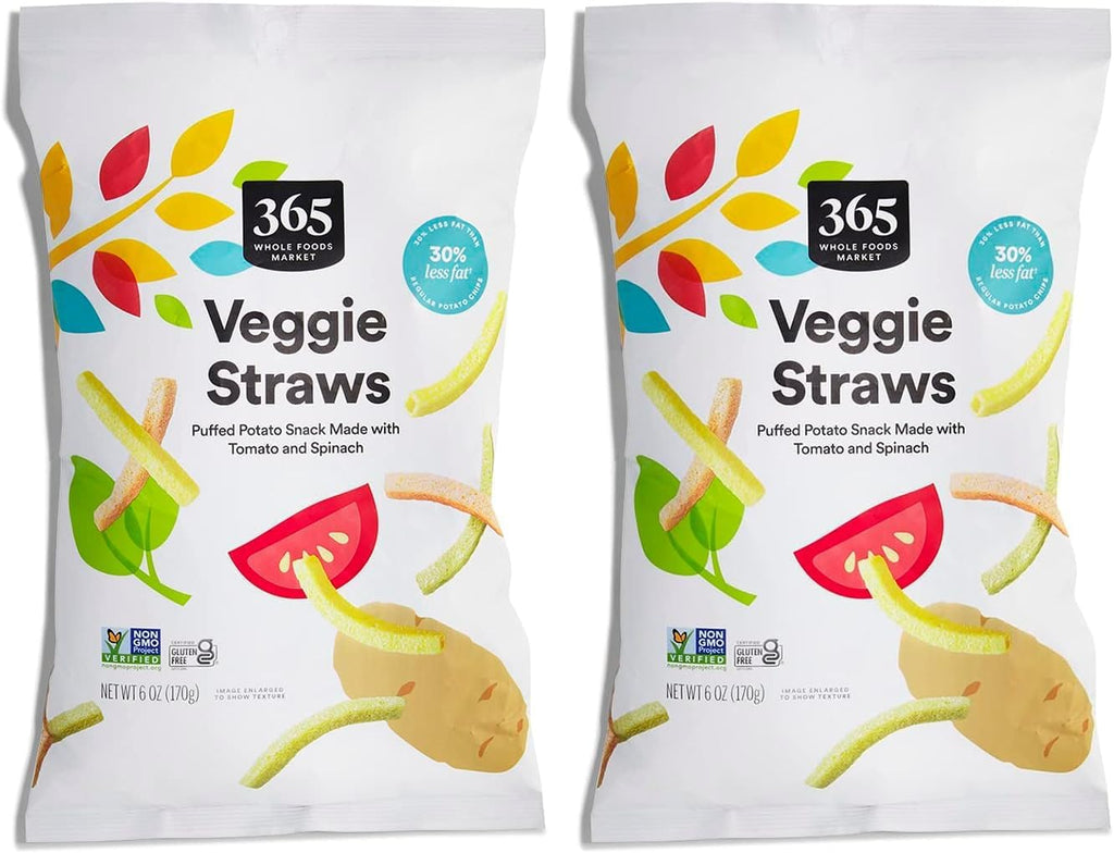 365 by Whole Foods Market,Veggie Straws,Made with Tomato and Spinach,Vegan,Gluten-Free,6 Ounce,(Pack of 2)