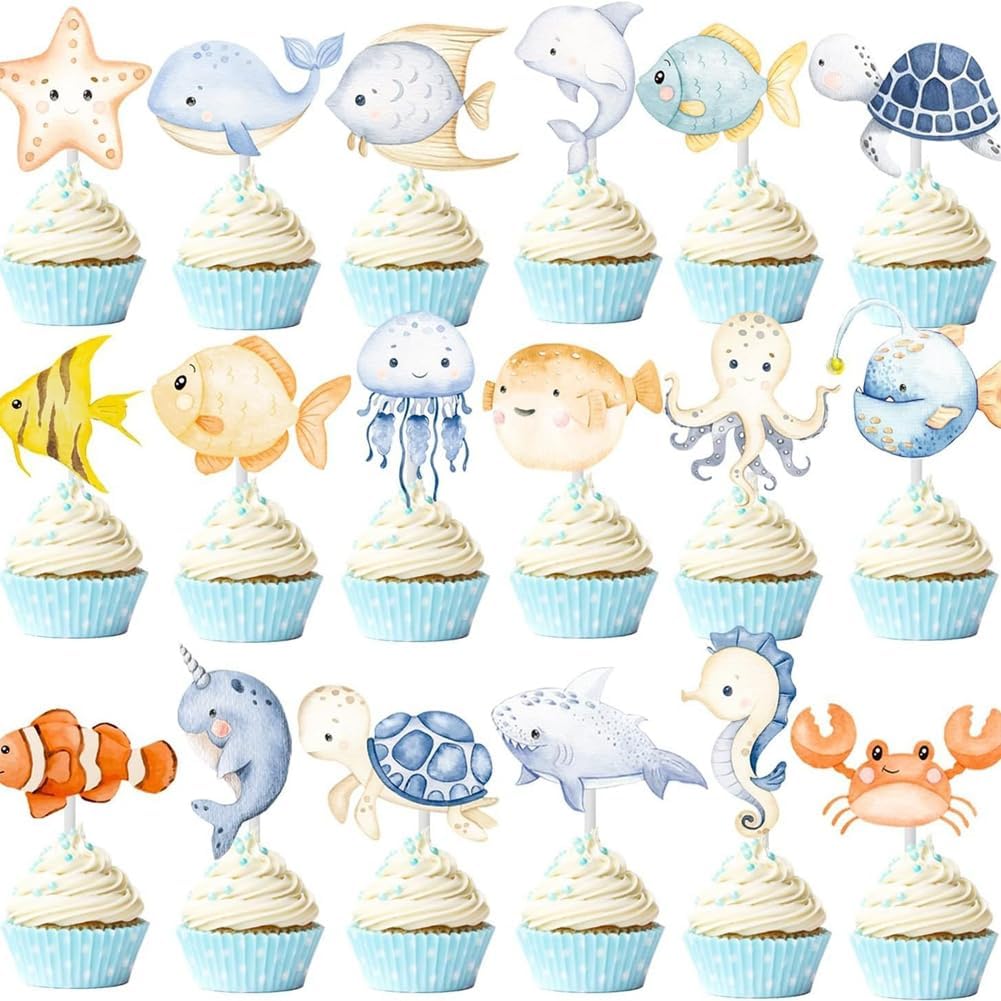 36pcs Ocean Themed Cupcake Toppers, 18 Designs Cupcake Decorations Supplies, Adorable Ocean Animals Cake Decorations, Under the Sea for Kids Boys Gilrs First Birthday Baby Shower Party