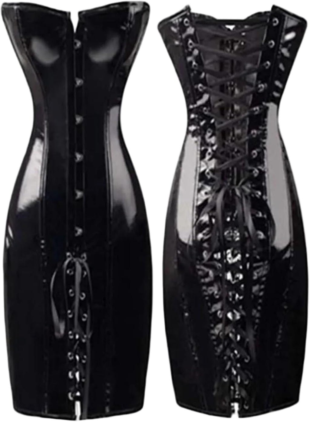 Women's PVC Leather Lace Up Corset Dress Bodycon Long Strapless PU Dresses Steampunk Clubwear Dress Plus Size
