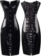 Women's PVC Leather Lace Up Corset Dress Bodycon Long Strapless PU Dresses Steampunk Clubwear Dress Plus Size