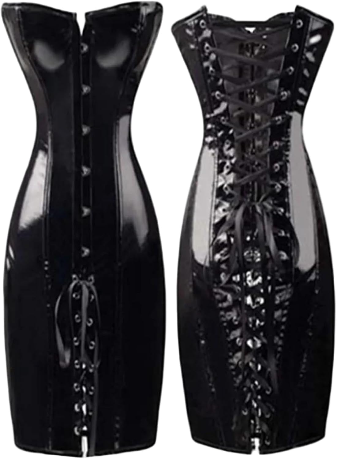 Women's PVC Leather Lace Up Corset Dress Bodycon Long Strapless PU Dresses Steampunk Clubwear Dress Plus Size