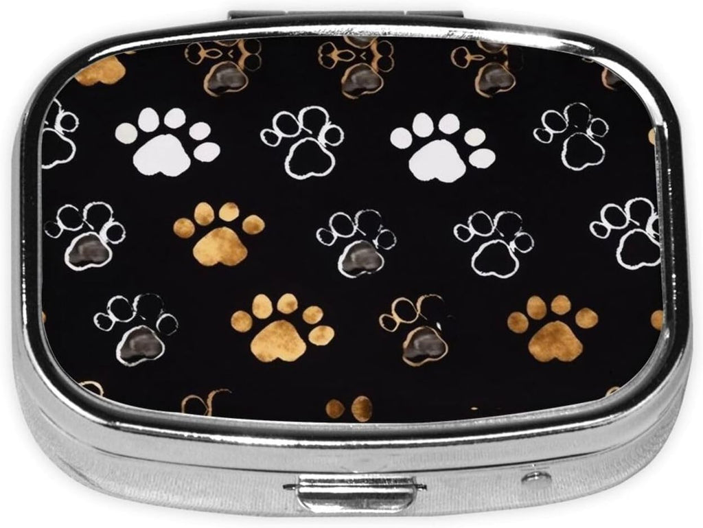 Dog Paw Prints Print Compact Mini Pill Box â€“ Square-Shaped, Full Frame Printed Design, Ideal for Travel â€“ Easy to Open, Lightweight, Black