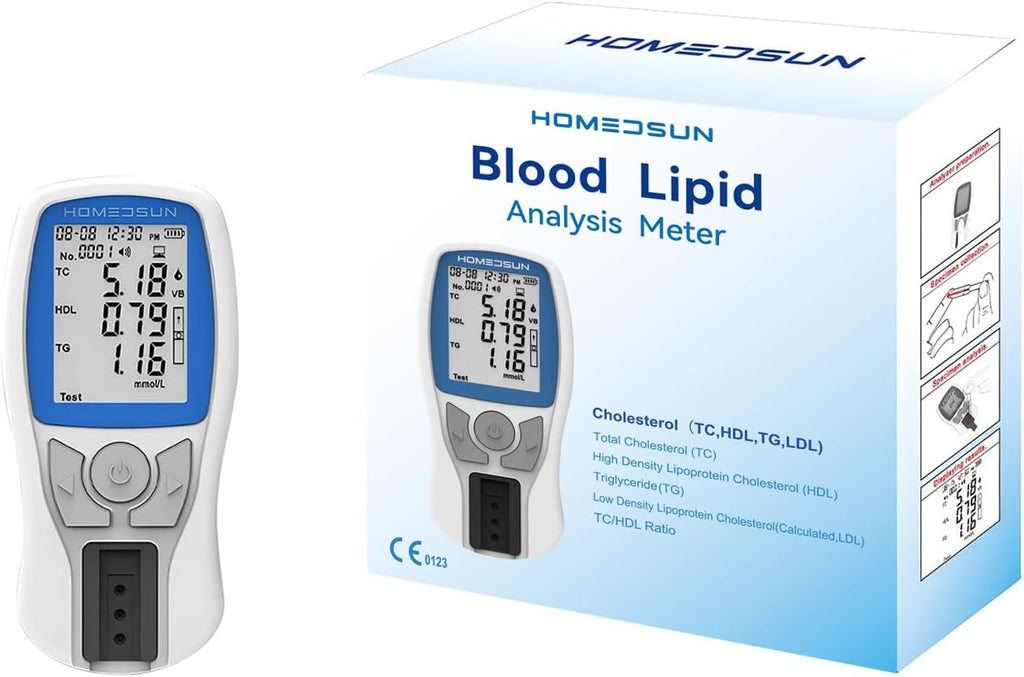 HSLPM-102 Portable Cholesterol Testing Kit Home Use 4 in 1 TC HDL LDL Triglyceride Blood Lipid Analysis Meter Device Quick Results Easy to Use with 10Pcs Strips Lancets Droppers