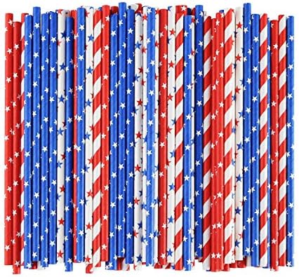 ALINK American Flag Red Blue White Paper Straws, 100 Stripe/Star Biodegradable Straws for Memorial Day /4th of July, Super Bowl, Patriotic Party, Americana Themed Party Celebration and Holiday