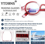Retro Round Reading Glasses for Men and Women, Stylish Color Frame Design, Blue Light Blocking, Spring Hinges, Anti Eye Strain Computer Readers, 2.0