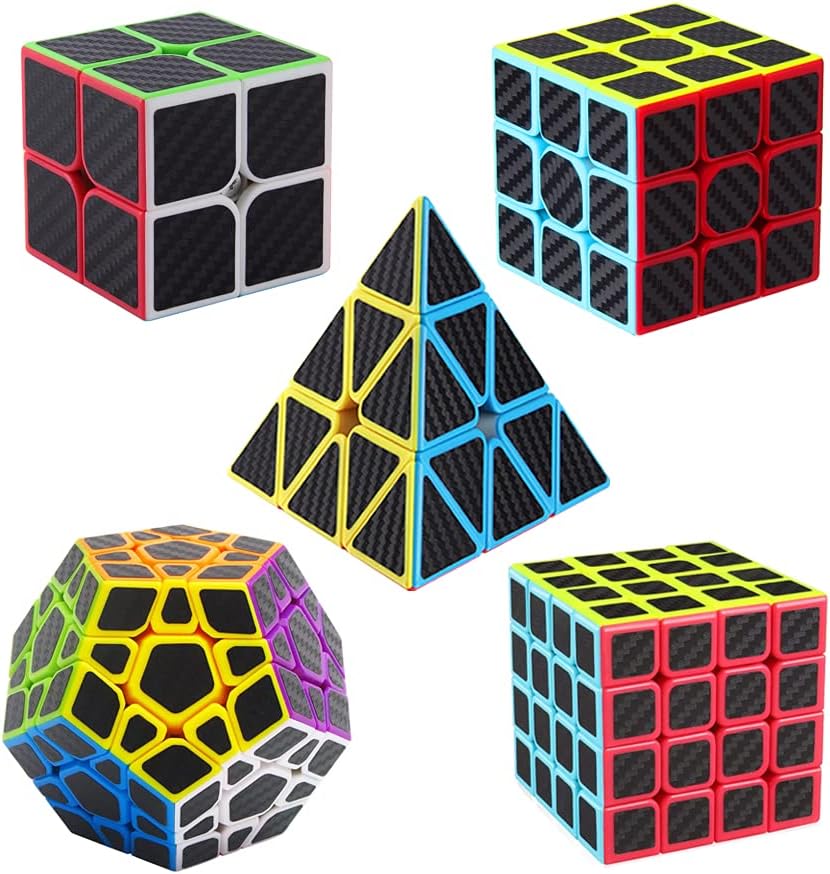 Roxenda Speed Cube Set, [5 Pack] Magic Cube Bundle of 2x2 3x3 4x4 Megaminx Cube and Pyramid Cube Smoothly Carbon Fiber Sticker Speed Cubes Collection for Kids Teens & Adults