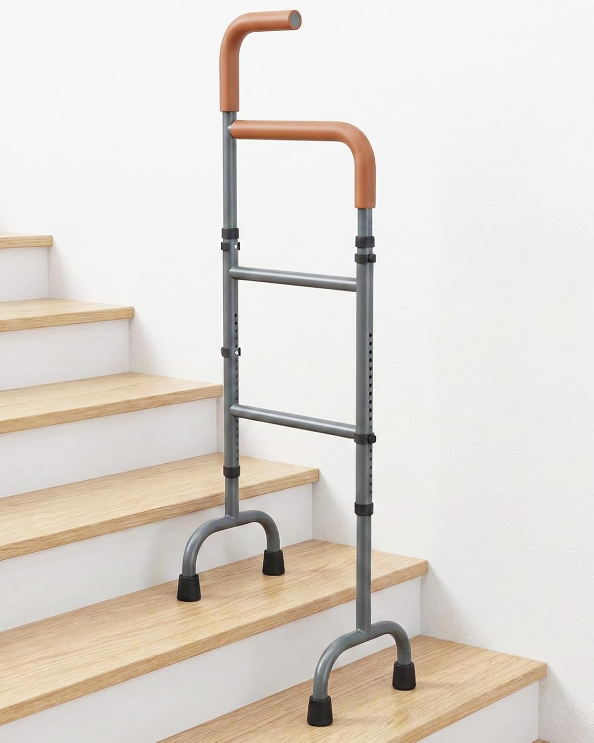 20-Level Adjustable Stair Climbing Assist Cane & Elderly Stair Lift Assist with Anti-Slip Handle & Stabilizing Feet, 300lbs Capacity for Seniors, Standard Steps-Patent Pending (grey)