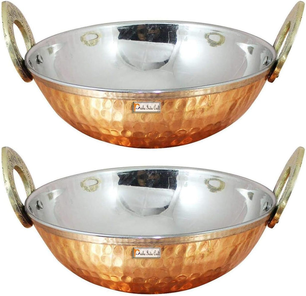 Prisha India Craft Copper Hammered Stainless Steel Kadai Karahi Wok Bowl Indian Dishes Serve Ware for Vegetable and Curries, 350 ML, Set of 2