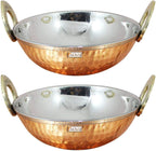Prisha India Craft Copper Hammered Stainless Steel Kadai Karahi Wok Bowl Indian Dishes Serve Ware for Vegetable and Curries, 350 ML, Set of 2