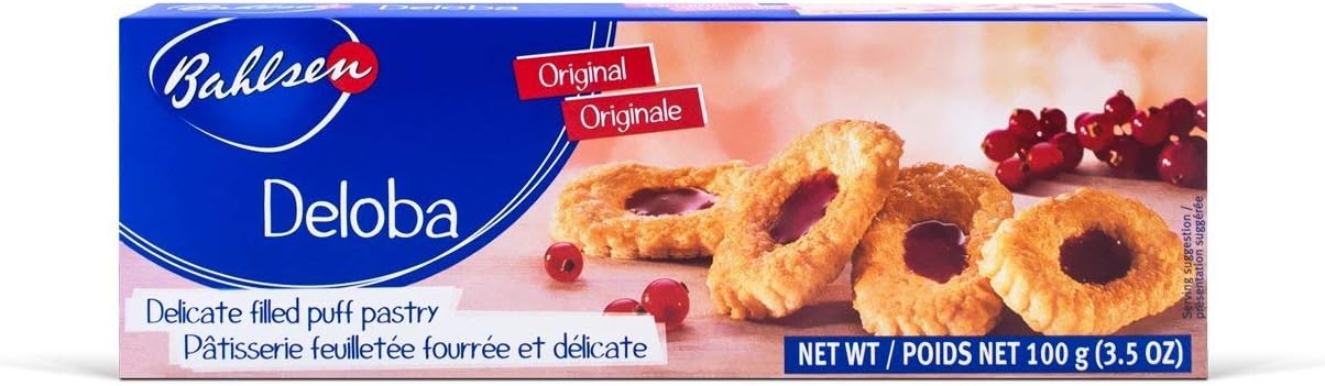 Bahlsen Deloba Red Currant Cookies (1 box) - Sweet & delicate, buttery puff pastries with light crispy layers and red currant filling - 3.5 oz box