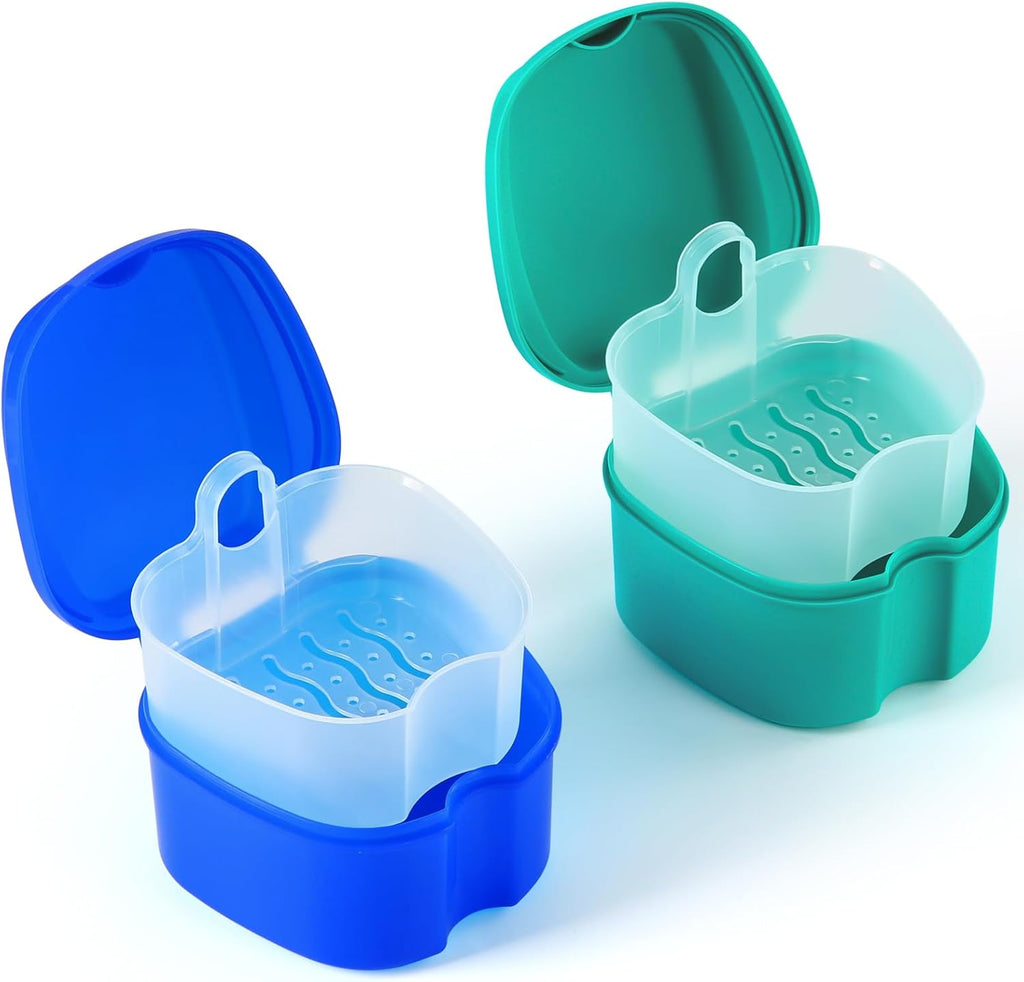 JMU 2pcs Denture Bath Case, Denture Cup for Soaking Dentures with Strainer Basket Tray for Dentures, Mouth Guard Storage Case (Navy Blue/Teal Blue)