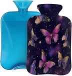 Hot Water Bottle with Cover 2L Purple Golden Butterfly Hot Water Bag for Pain Relief Period Cramps, Winter Warmer