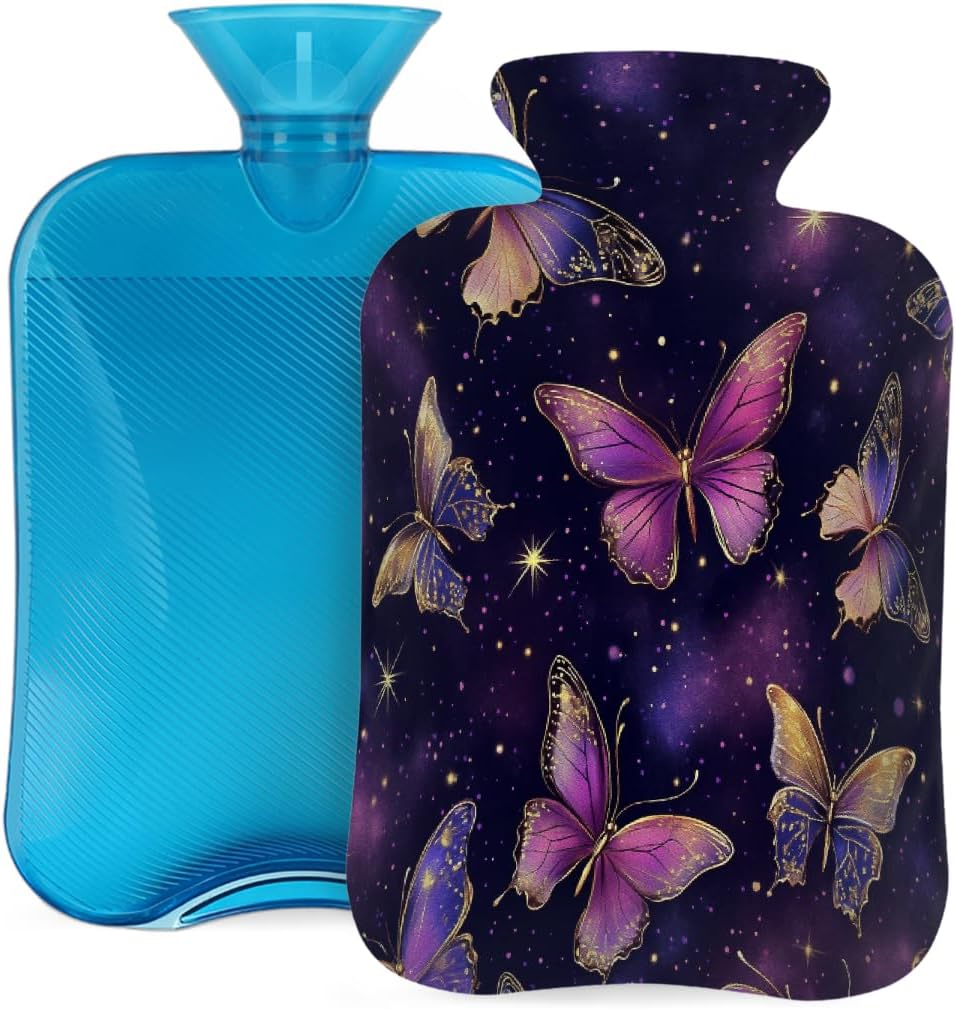 Hot Water Bottle with Cover 2L Purple Golden Butterfly Hot Water Bag for Pain Relief Period Cramps, Winter Warmer