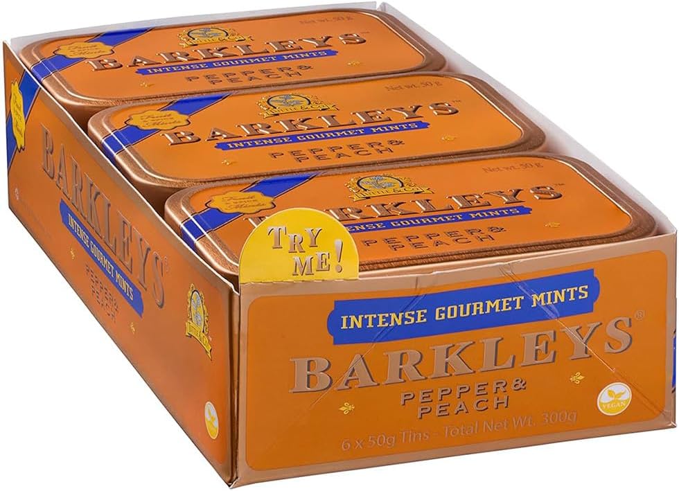 Barkleys Gourmet Pepper & Peach Breath Mints - Strong Pepper & Peach Flavor for Party, After Dinner, Wedding, Every Day Use-Vegan Mints In Reusable Classic Travel Tins, 6 Pack - 50 Count Each