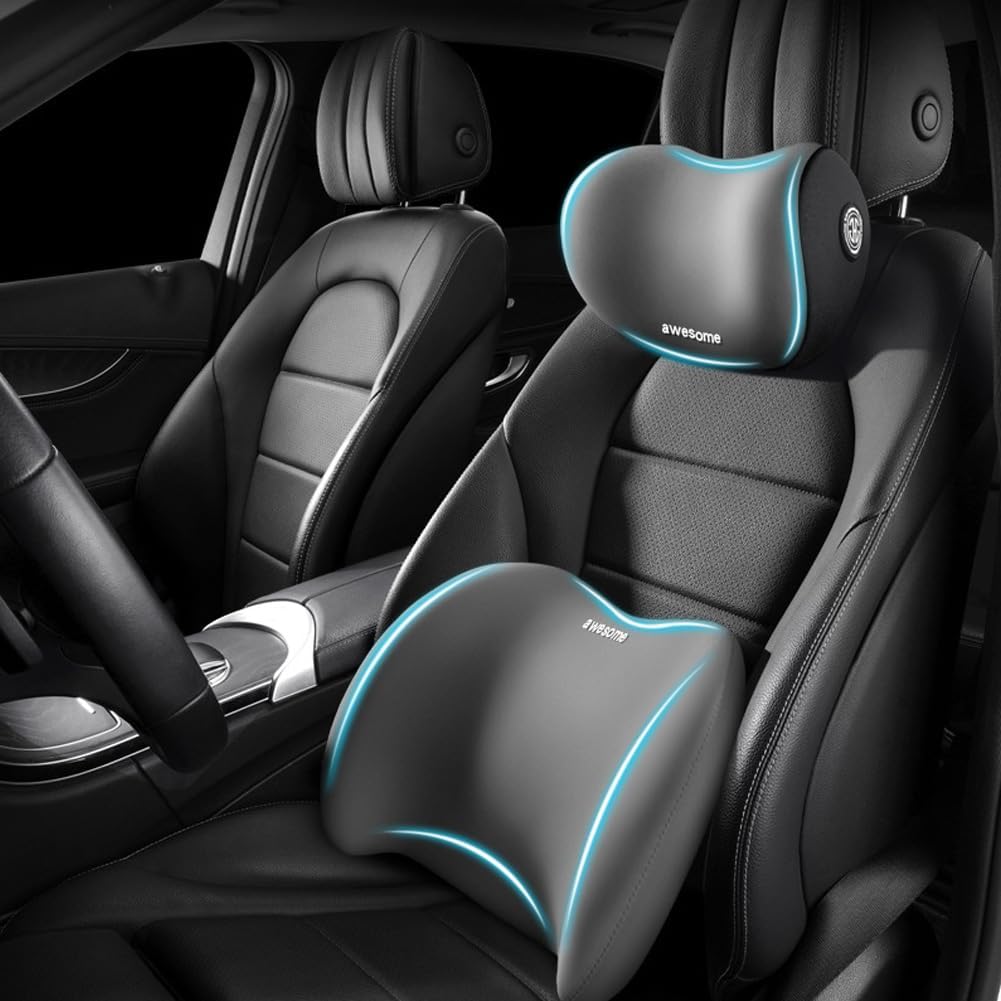 Car Headrest & Lumbar Support Cushion Kit, Ergonomic Car Seat Neck Pillow and Backseat Cushion for Driving Fatigue Relief, Driving Seat Memory Foam Neck Back Rest Pillows (Grey)
