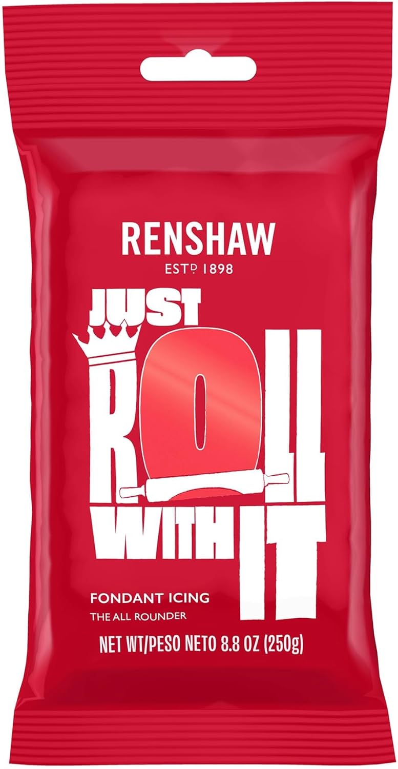 Renshaw Red Fondant Icing for Cake Decorating - Ready to Roll, Edible Fondant for Cupcakes, Cookies, & Cake Decoration, Smooth & Easy to Use, Kosher, Light Vanilla Flavor - 8.8 oz