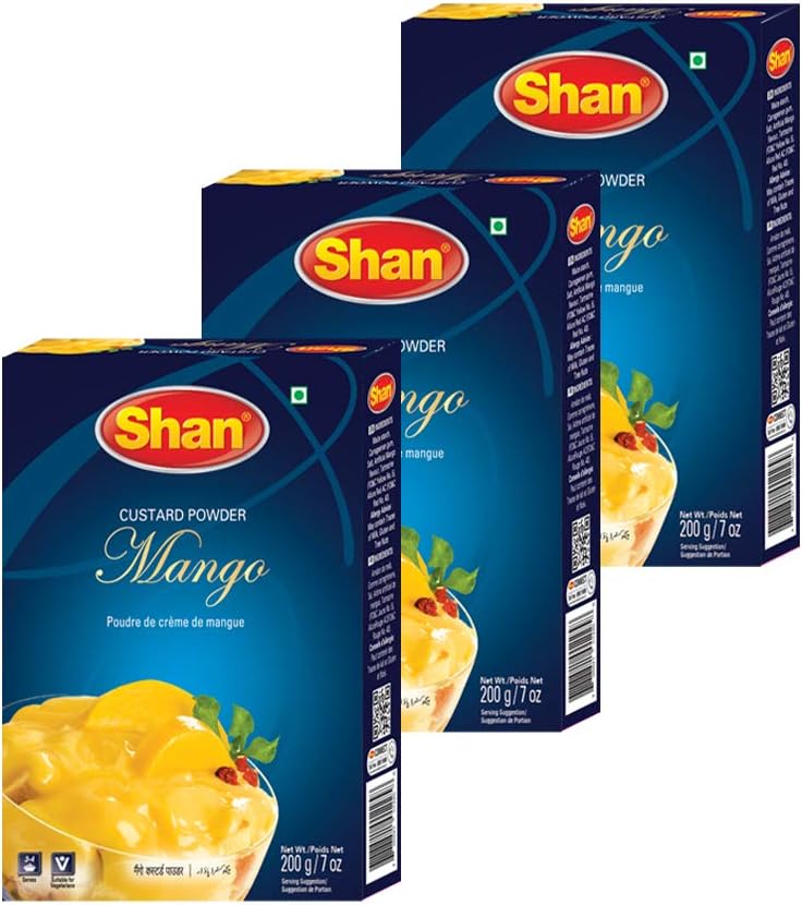 Shan Custard Powder Mango 7.05 oz (200g) - Poudre de Crème de Mangue - Essential Dessert for any Occasion - Suitable for Vegetarians - Airtight Bag in a Box (Pack of 3)