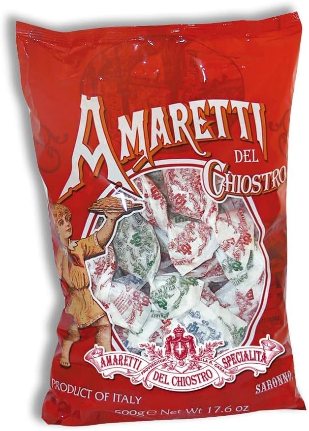 Amaretti Del Chiostro Di Saronno Authentic Italian Amaretti Cookies - Crunchy Almond Cookies for Tea or Gifting - Italian Cookies - Cookies Individually Wrapped Biscuits – Gluten Free Cookies - Red Cello Bag 500 g