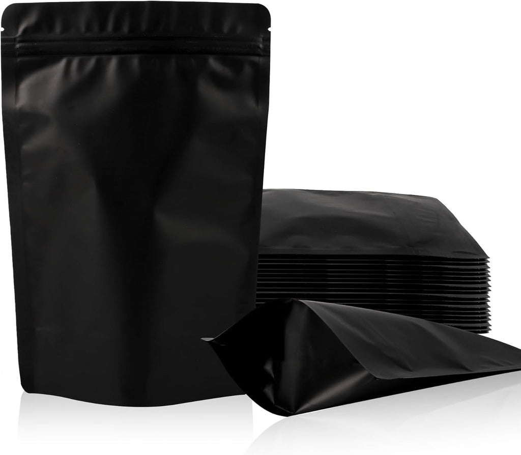 100 Pack Stand Up Bags, Reusable, Plastic, Zipper Closure, Black, 5.9x8.6 Inch, Rectangular, Smell Proof, Waterproof, Food Storage Bags