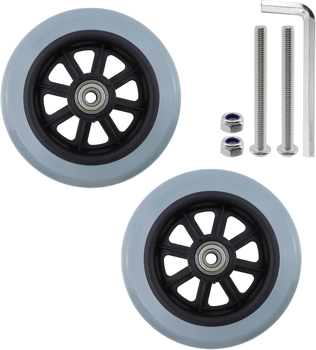 5 Inch Rubber Wheelchair Replacement Front Wheels, 2 Pcs Replacement Wheelchair Front Wheels with Screw Accessories for Wheelchairs, Rollators, Walkers (Black and Gray)