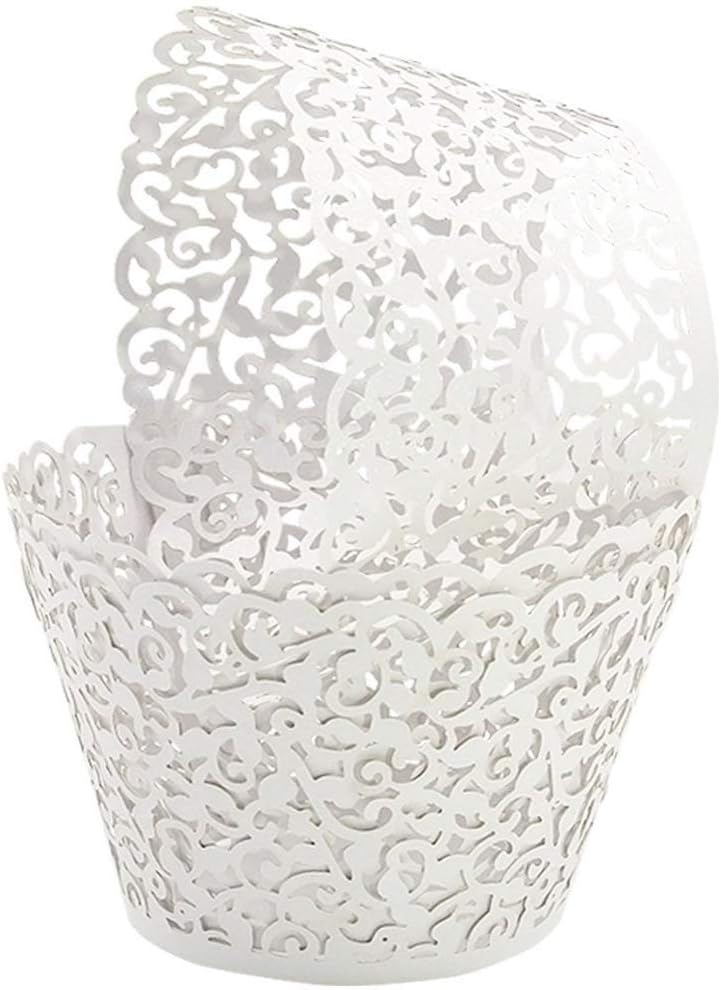 100pcs Cupcake Wrappers Artistic Bake Cake Paper Cups Little Vine Lace Laser Cut Liner Baking Cup Muffin Case Trays for Wedding Party Birthday Decoration (White)