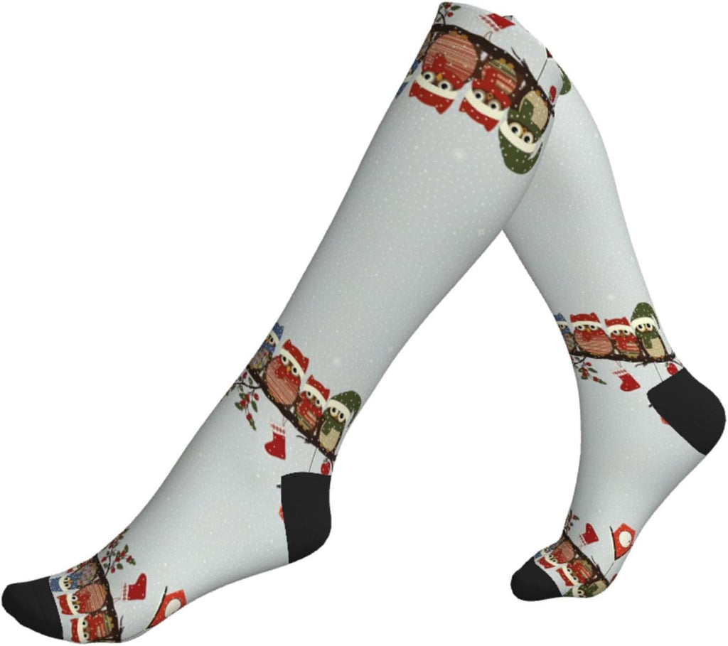 Cute Christmas Owls On Branch Compression Socks For Woman & Man 20-30mmhg Knee High Calves For Flying Running Nurses