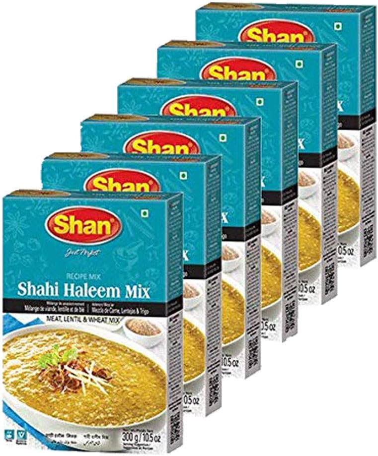 Shan Shahi Haleem Recipe Mix 10.5 oz (300g) - Spice Powder for Traditional Meat, Lentil and Wheat Curry - Suitable for Vegetarians - Airtight Bag in a Box (Pack of 6)